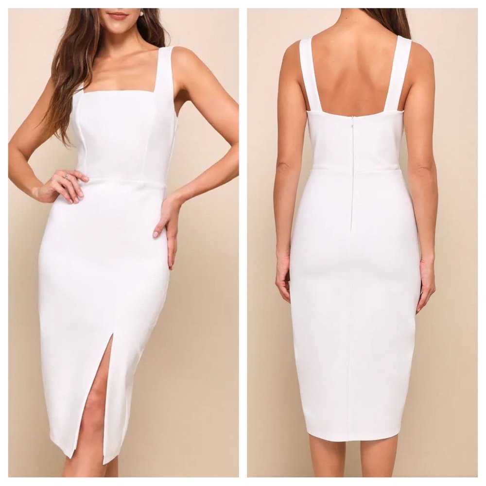Lulu's White Square Neck Midi Dress with Front Slit